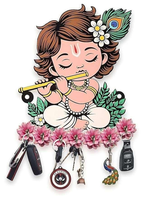 Old 🪔🔑 Krishna Wooden Keys Hanger – Wall Décor & Key Organizer