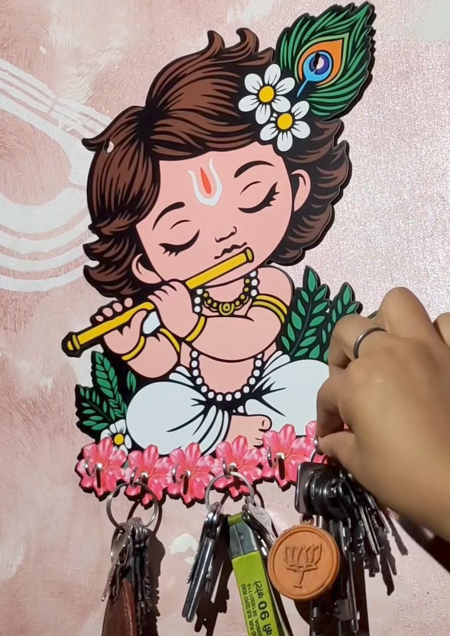 Old 🪔🔑 Krishna Wooden Keys Hanger – Wall Décor & Key Organizer